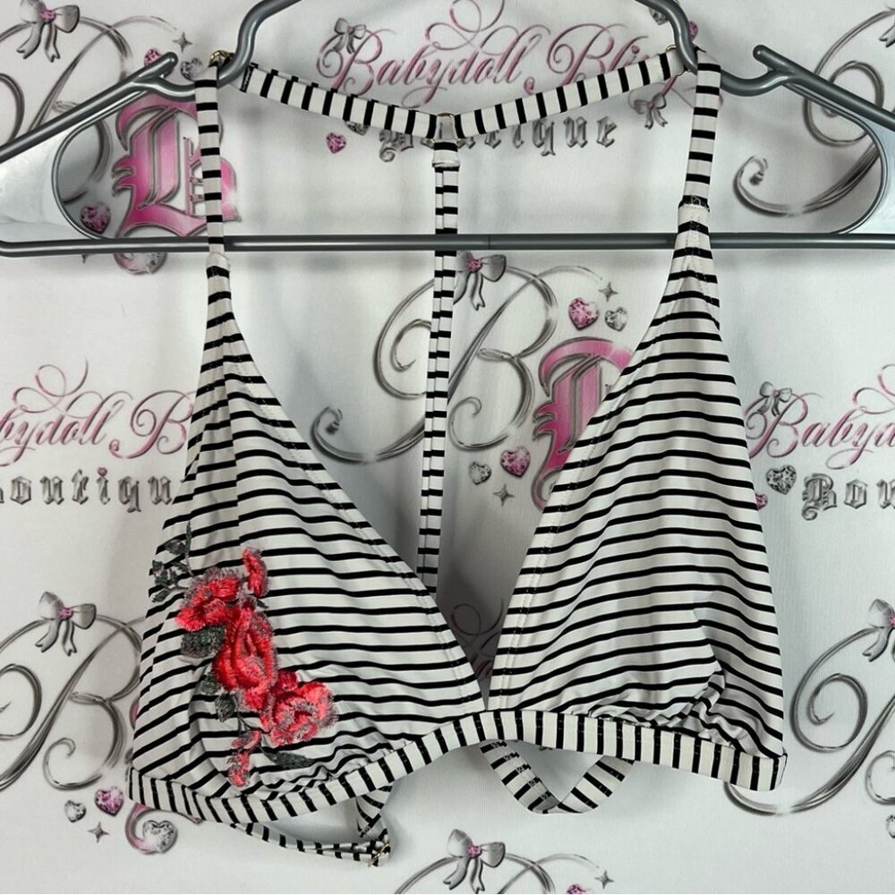 La Vie En Rose bikini top embroidered Black and White Striped Bikini Top